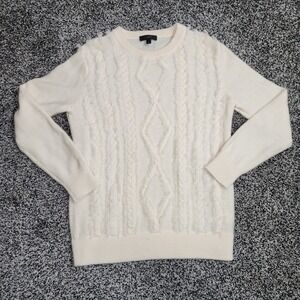 J Crew Cream Fringe Cable Knit Argyle Sweater Women's Sz M Merino Wool Preppy